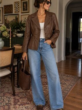 Wilsons Leather Brown Genuine Leather Laser Cut Blazer Jacket XL
